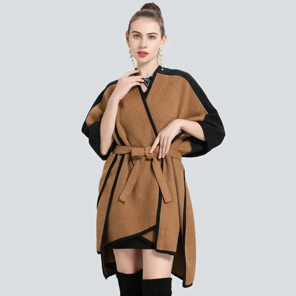 Women's cape with belt - brown / unique