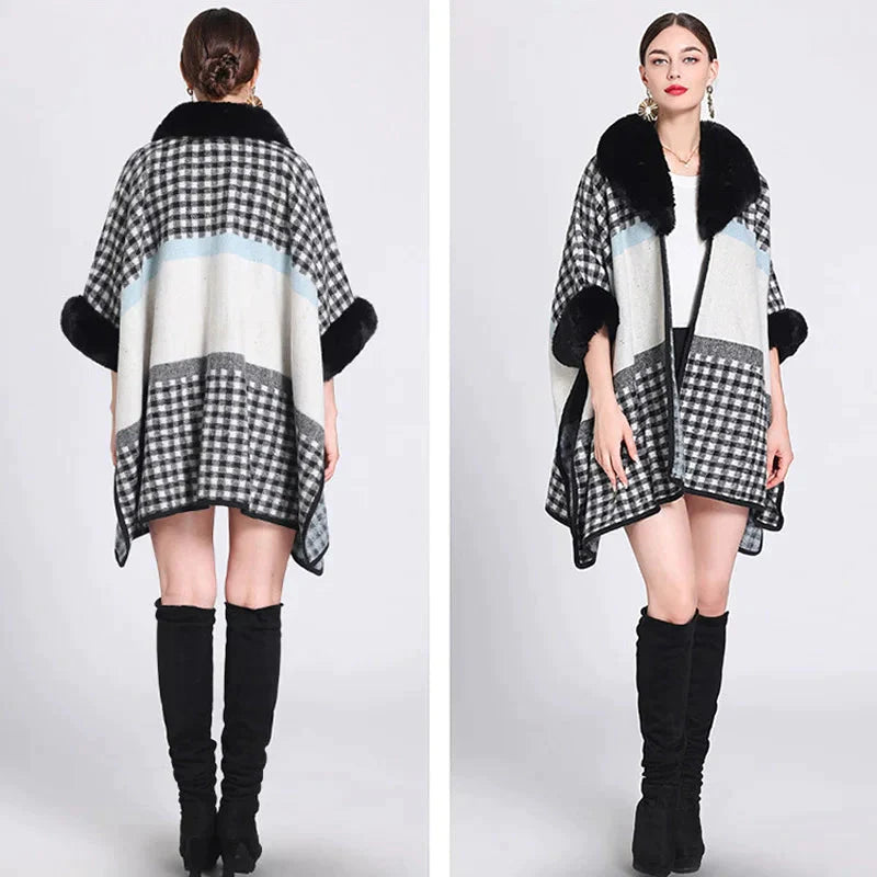 Chic Women's Fur & Check Cape