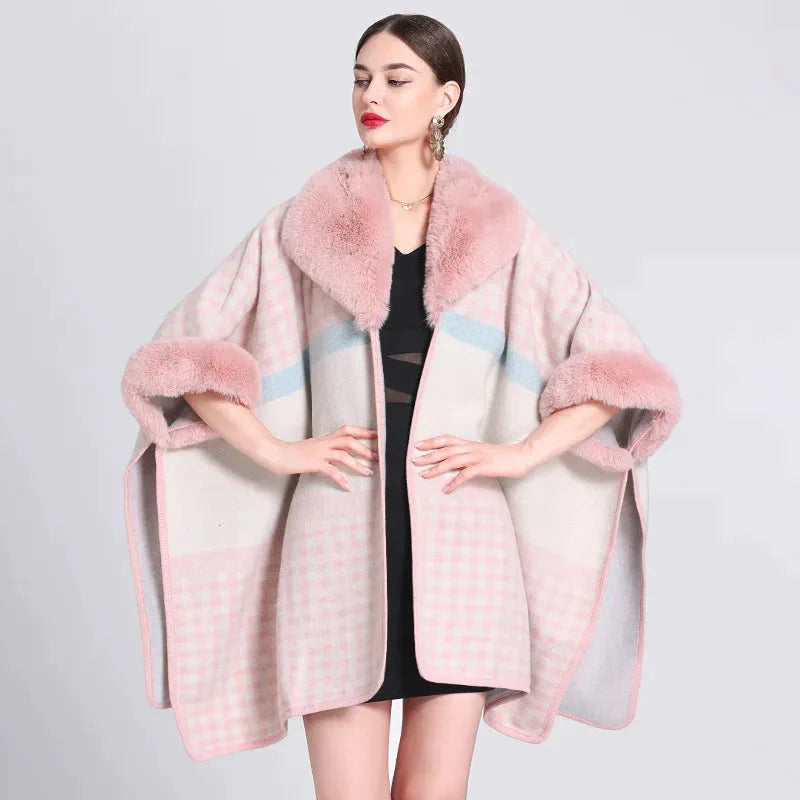 Chic Women's Fur & Check Cape