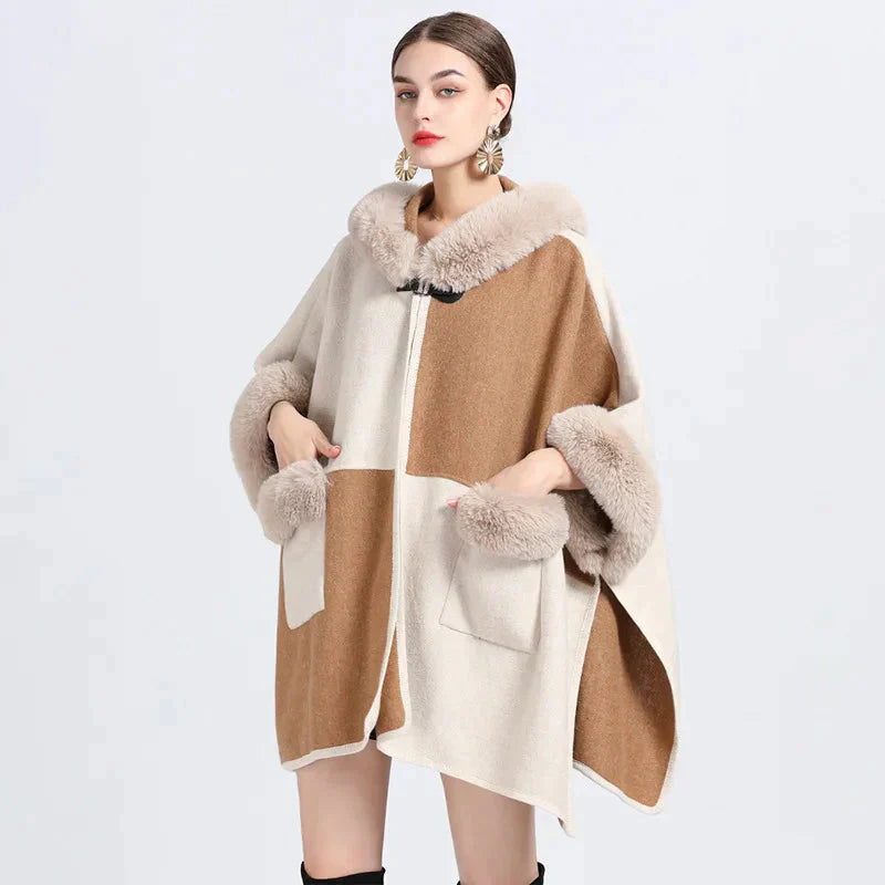 Women's Hooded Fur Poncho