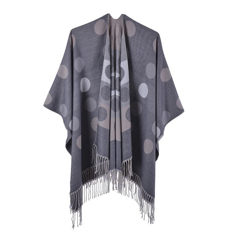 Women's Poncho Dots & Fringes - Grey / Unique
