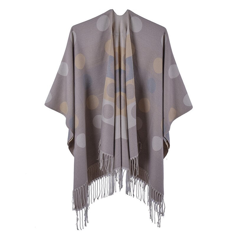 Woman's Poncho Dots & Fringes - khaki / Unique