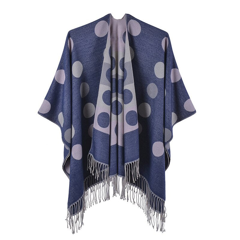 Woman's Poncho Dots & Fringes - Navy blue / Unique