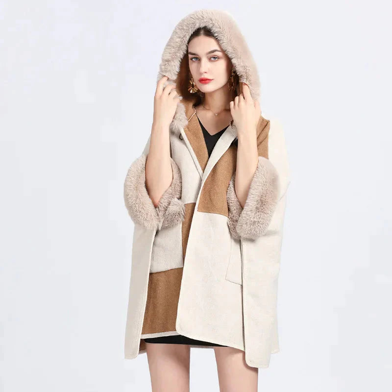 Women's Hooded Fur Poncho